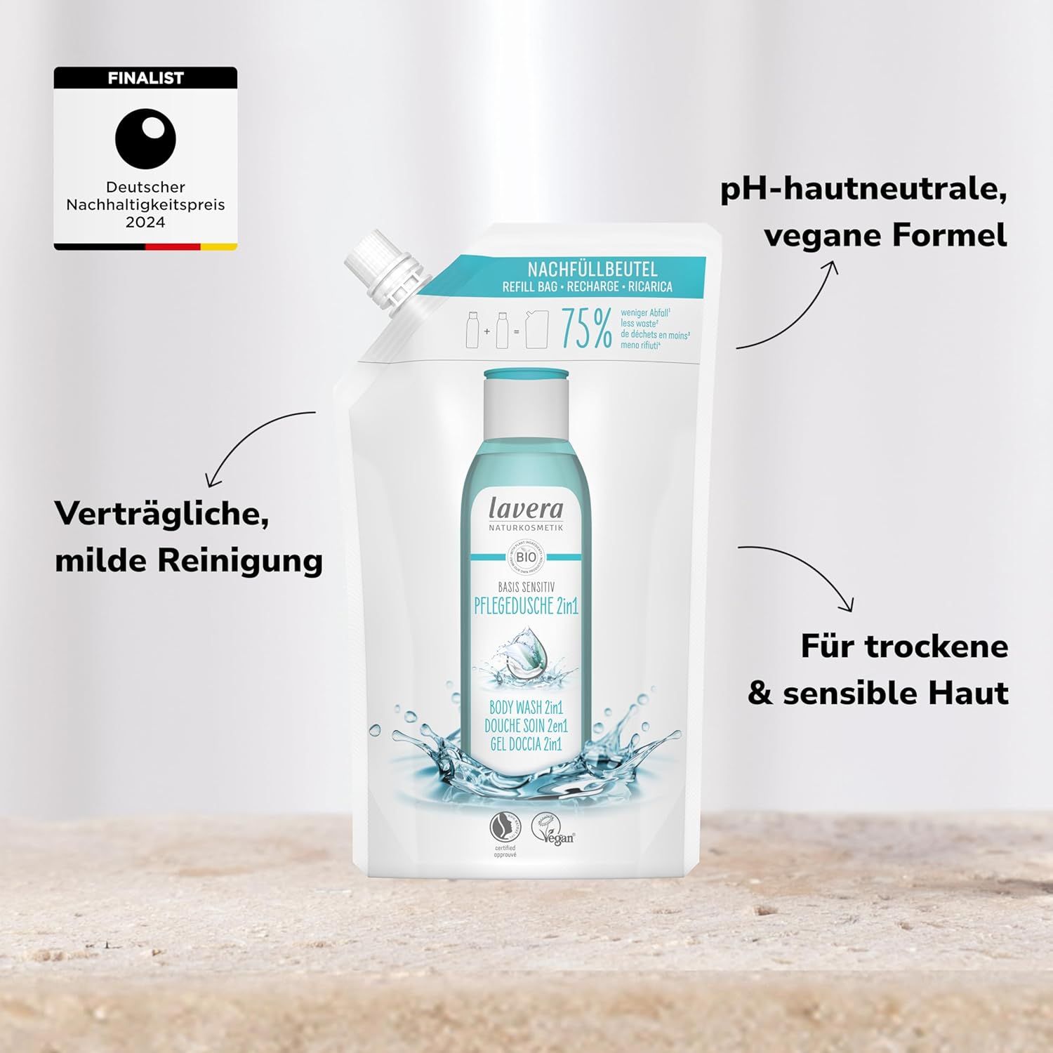 Nachfüllbeutel mit Lavera Pflegedusche. 75% weniger Abfall. pH-hautneutral, vegan. Für trockene & sensible Haut. Auszeichnung: Deutscher Nachhaltigkeitspreis 2024.