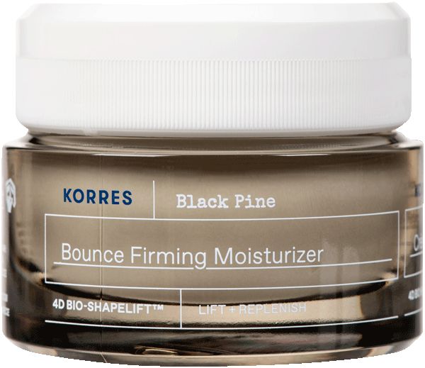 Glasbehälter mit weißem Deckel. Aufschrift: KORRES, Black Pine, Bounce Firming Moisturizer. 4D BIO-SHAPELIFT.
