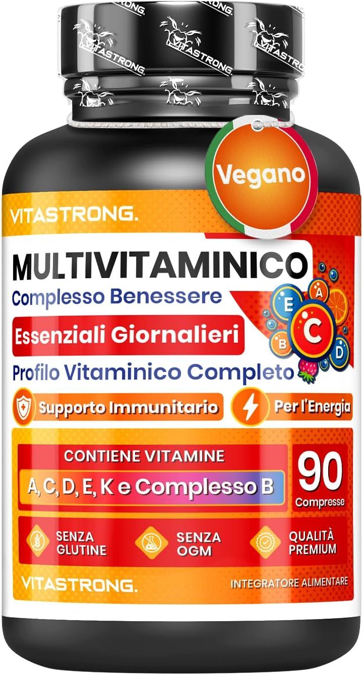 Vitastrong Multivitamin-Dose. Enthält 90 Tabletten. Vegan-Siegel. Aufschrift: Multivitamin, 23 aktive Nährstoffe.