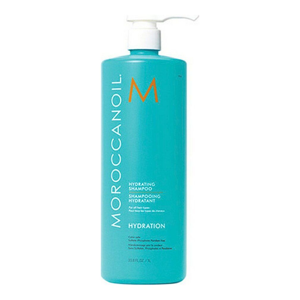 Große türkisfarbene Flasche mit weißem Pumpkopf. Aufschrift: Moroccanoil, Hydrating Shampoo. 1000 ml.