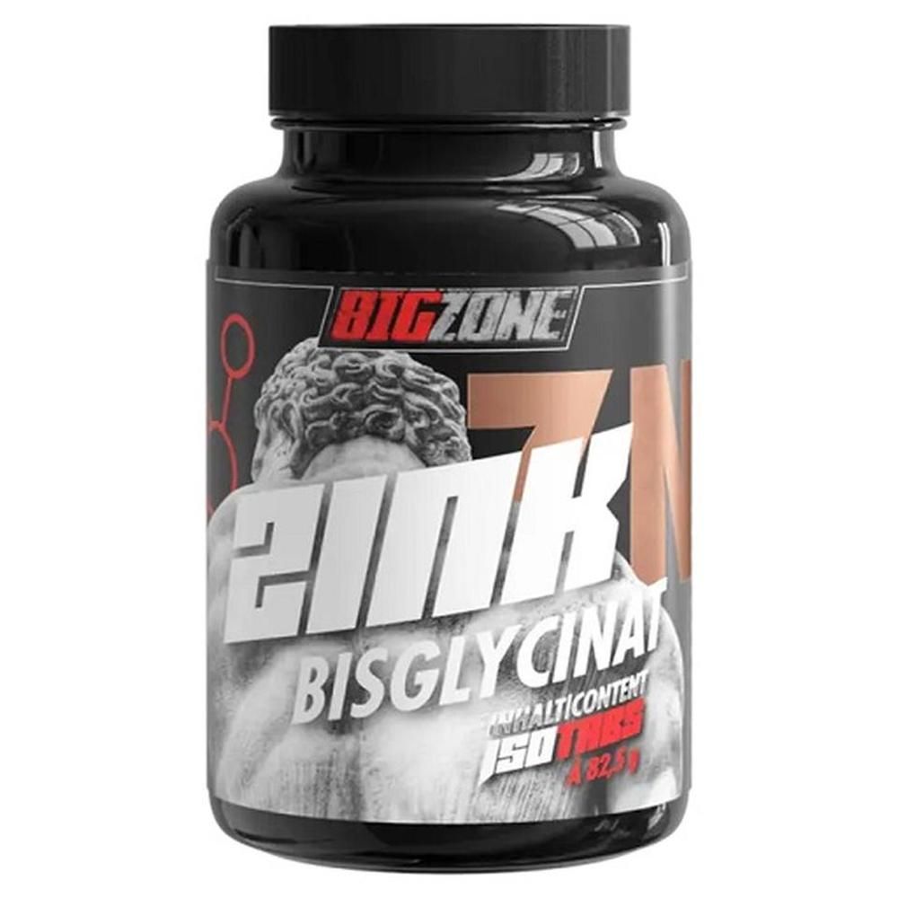 Schwarze Flasche mit Etikett. Aufschrift: Big Zone, Zink Bisglycinat. Enthält 150 Tabletten.