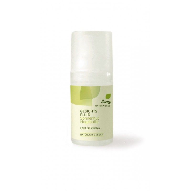 Fluido viso bianco con dettagli verdi. Scritta: Gesichtsfluid Sonnenhut Hagebutte. Logo: Lenz Naturpflege. Formula naturale e vegana.