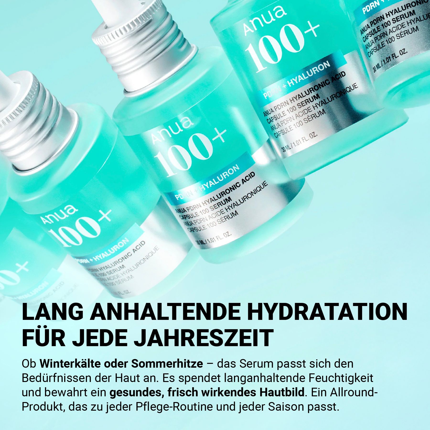 Mehrere Serumflaschen, Marke Anua, mit blauer Flüssigkeit. Aufschrift: 100+. Text: Lang anhaltende Hydratation für jede Jahreszeit.