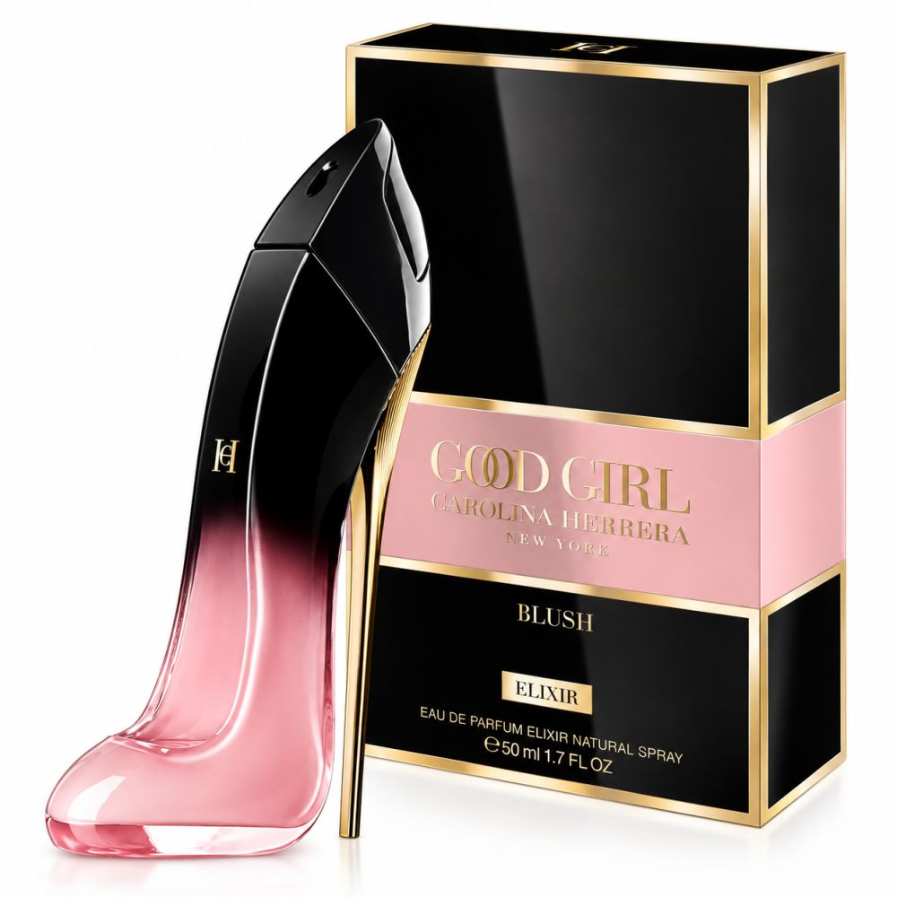 Parfümflakon in Stöckelschuhform neben einer schwarzen Verpackung mit goldenen Akzenten und Text.