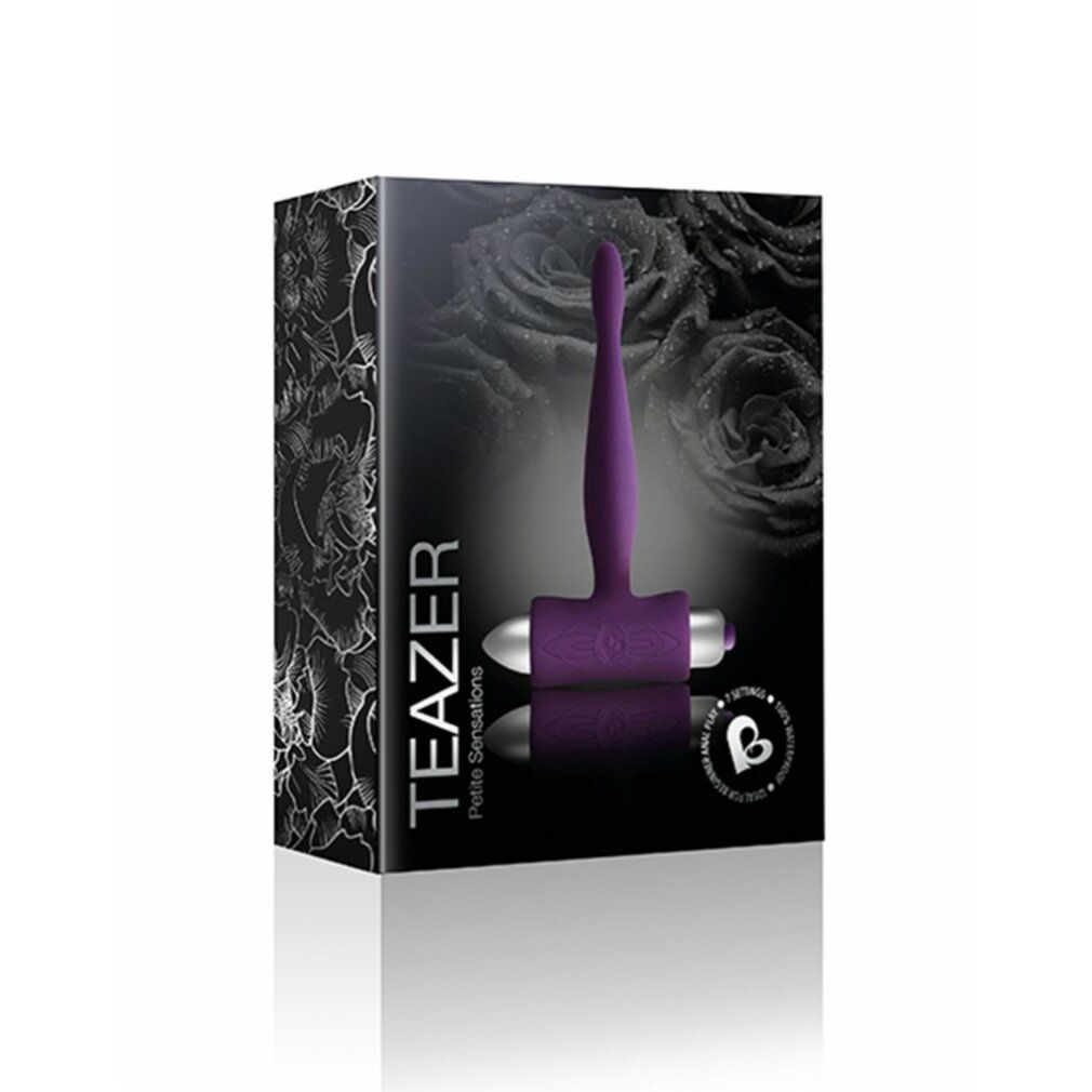 Lila Produkt in Verpackung. Aufschrift: TEAZER, Petite Sensations. Schwarzer Hintergrund mit Rosenmuster.