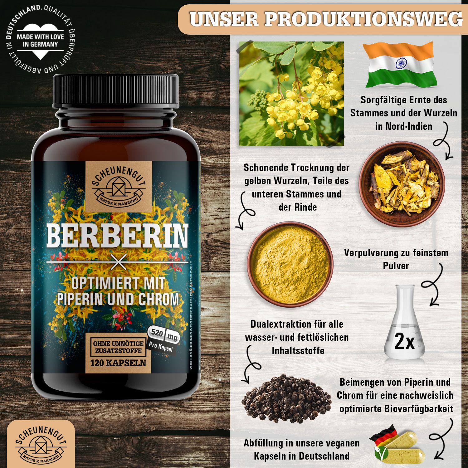 Scheunengut® Berberin | Berberis aristata Extrakt 20:1 optimiert mit Piperin & Chrom 120 St Kapseln