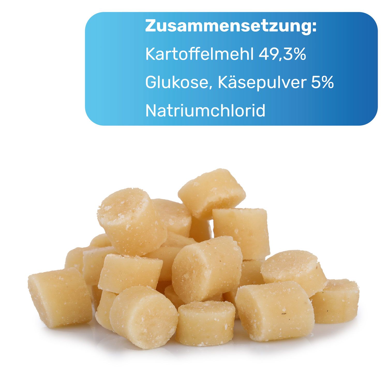 Haufen quadratischer, hellgelber Hundesnacks. Text: Zusammensetzung: Kartoffelmehl, Glukose, Käsepulver, Natriumchlorid.