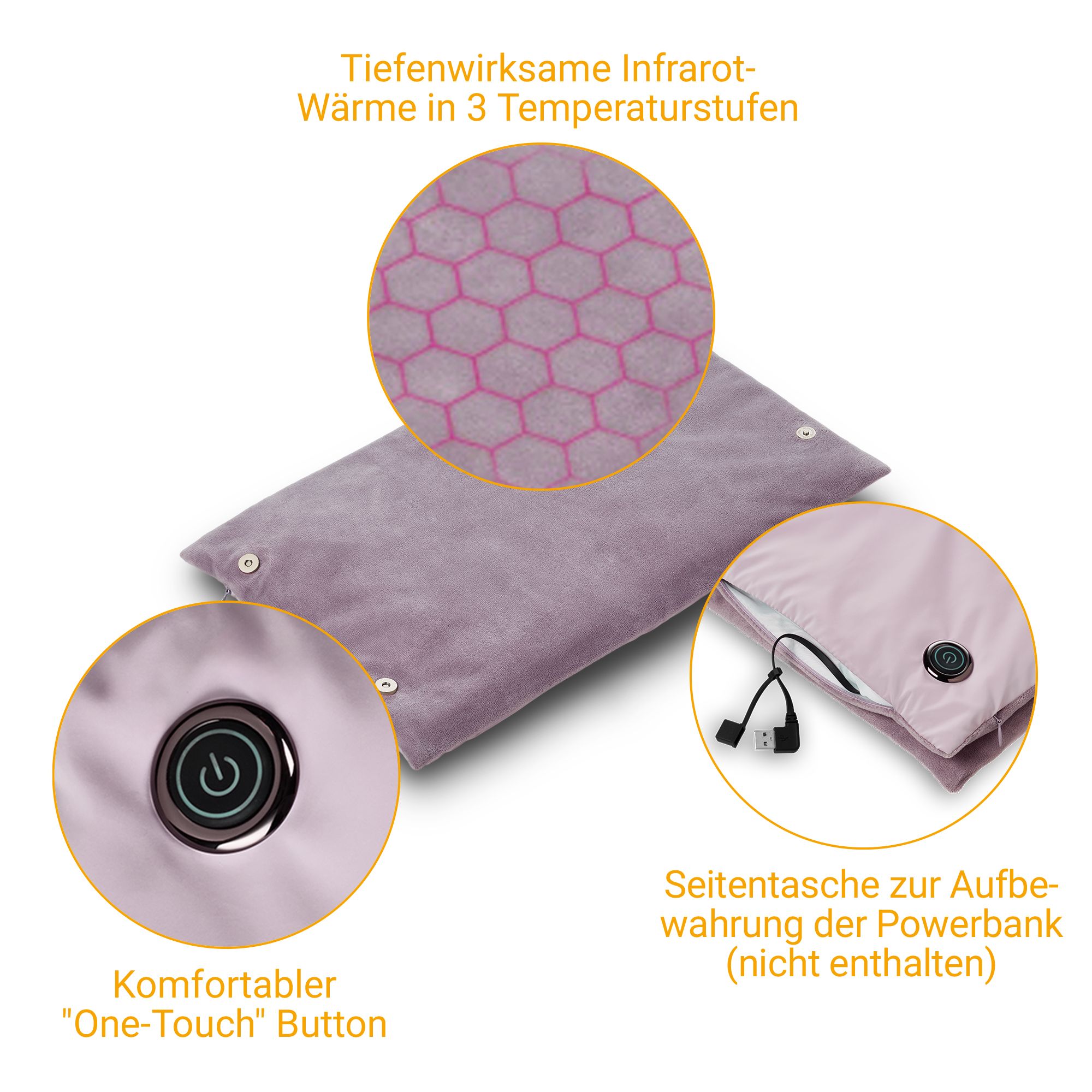 Handwärmer mit "One-Touch"-Knopf und Reißverschlusstasche für Powerbank.