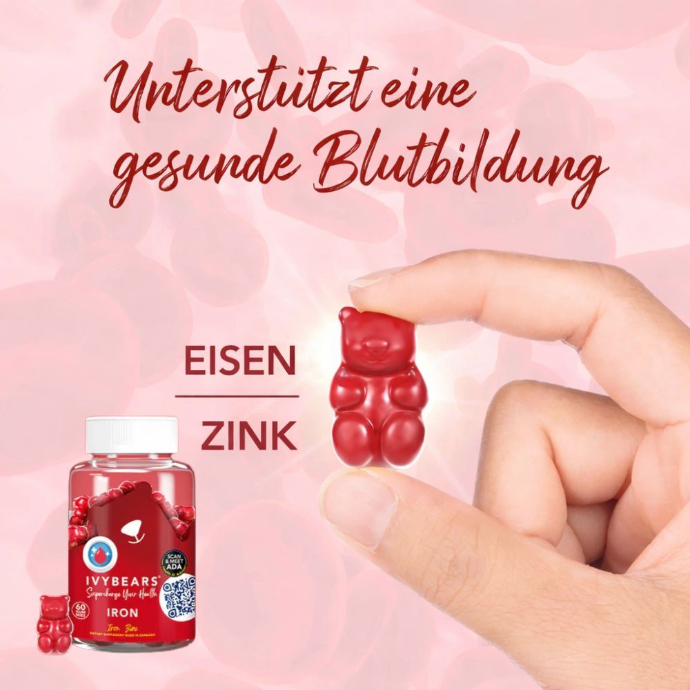 Hand hält rotes Gummibärchen. Flasche mit IvyBears Iron, Iron Zinc. Text: Unterstützt eine gesunde Blutbildung. Eisen, Zink.