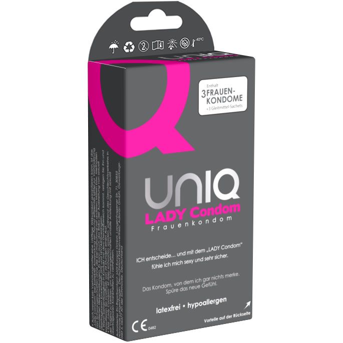 Verpackung von UNIQ Lady Condom. Graue Schachtel mit rosa Logo und Text: 3 Frauen-Kondome.