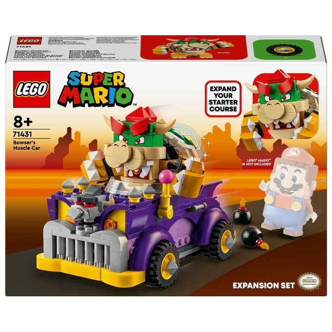 LEGO Super Mario 71431 Pack di Espansione Il Bolide di Bowser, per bambini dagli 8 anni in su. Mostra un'auto muscolare viola con Bowser alla guida e una figura di Mario. La confezione presenta il logo LEGO e il nome del prodotto.