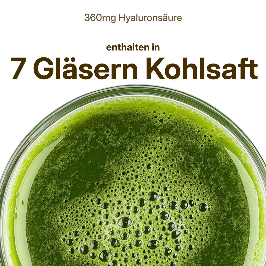 Glas mit grünem Saft. Text: 360mg Hyaluronsäure enthalten in 7 Gläsern Kohlsaft.