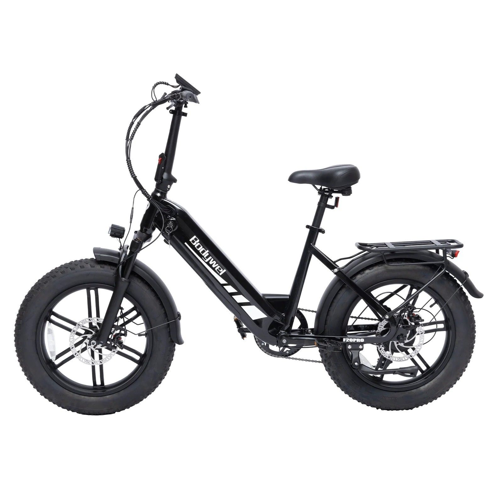 Schwarzes Bodywel F20PRO Elektrofahrrad. Große Reifen, Gepäckträger, Schutzbleche. Marke Bodywel sichtbar.