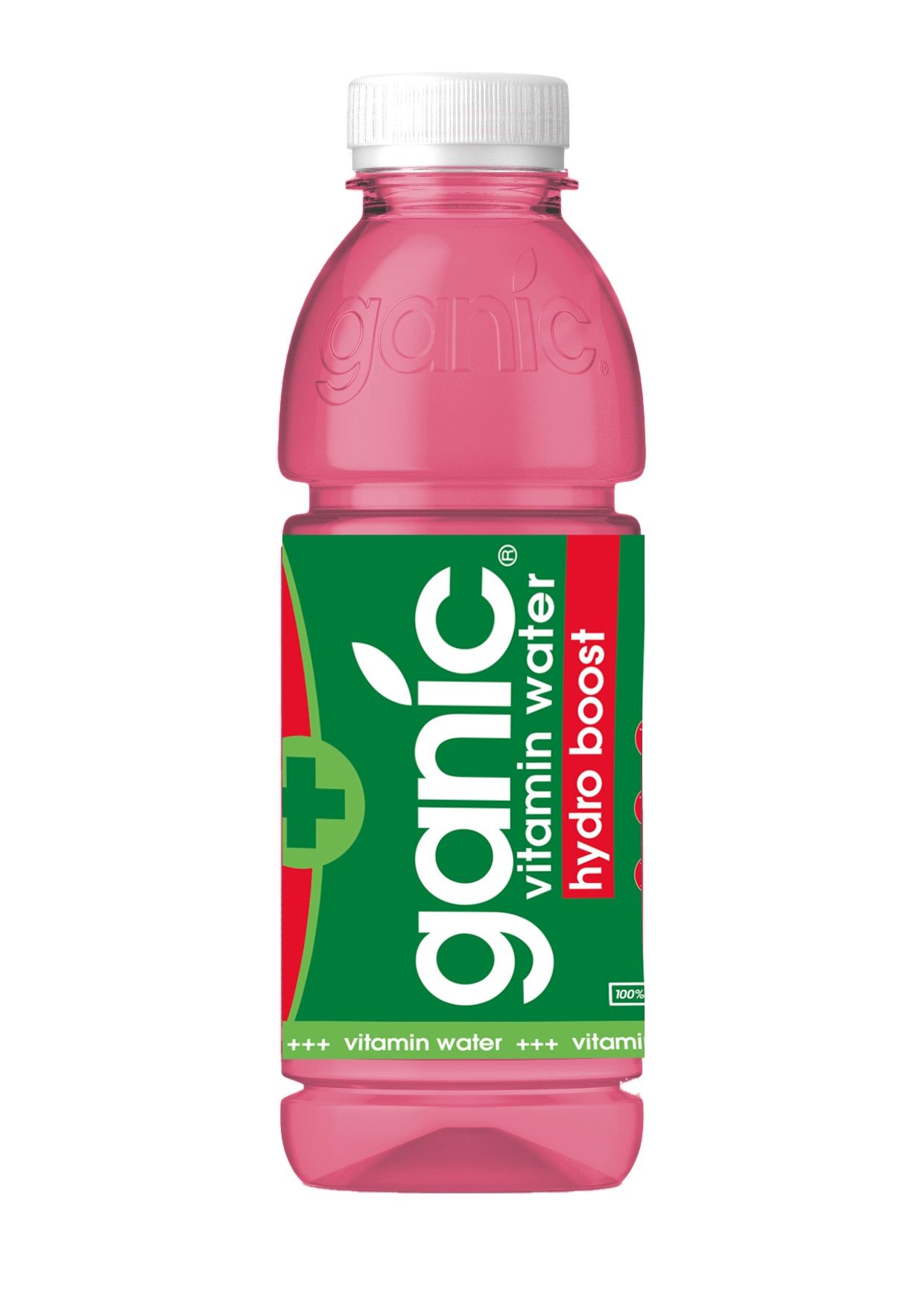 Eine Flasche Ganic Vitaminwater Hydro Boost. Rosa Flüssigkeit in einer transparenten Flasche mit weißem Deckel. Grün-rotes Etikett.