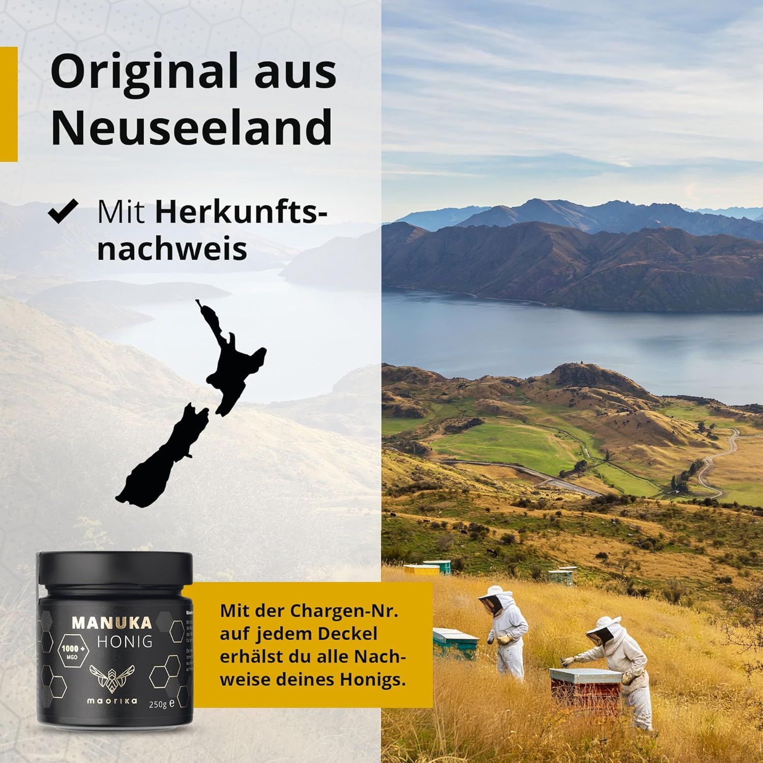 Maorika Manuka Honig 1000+ MGO Glas mit Neuseeland-Landschaft und Bienenstock-Symbolen.