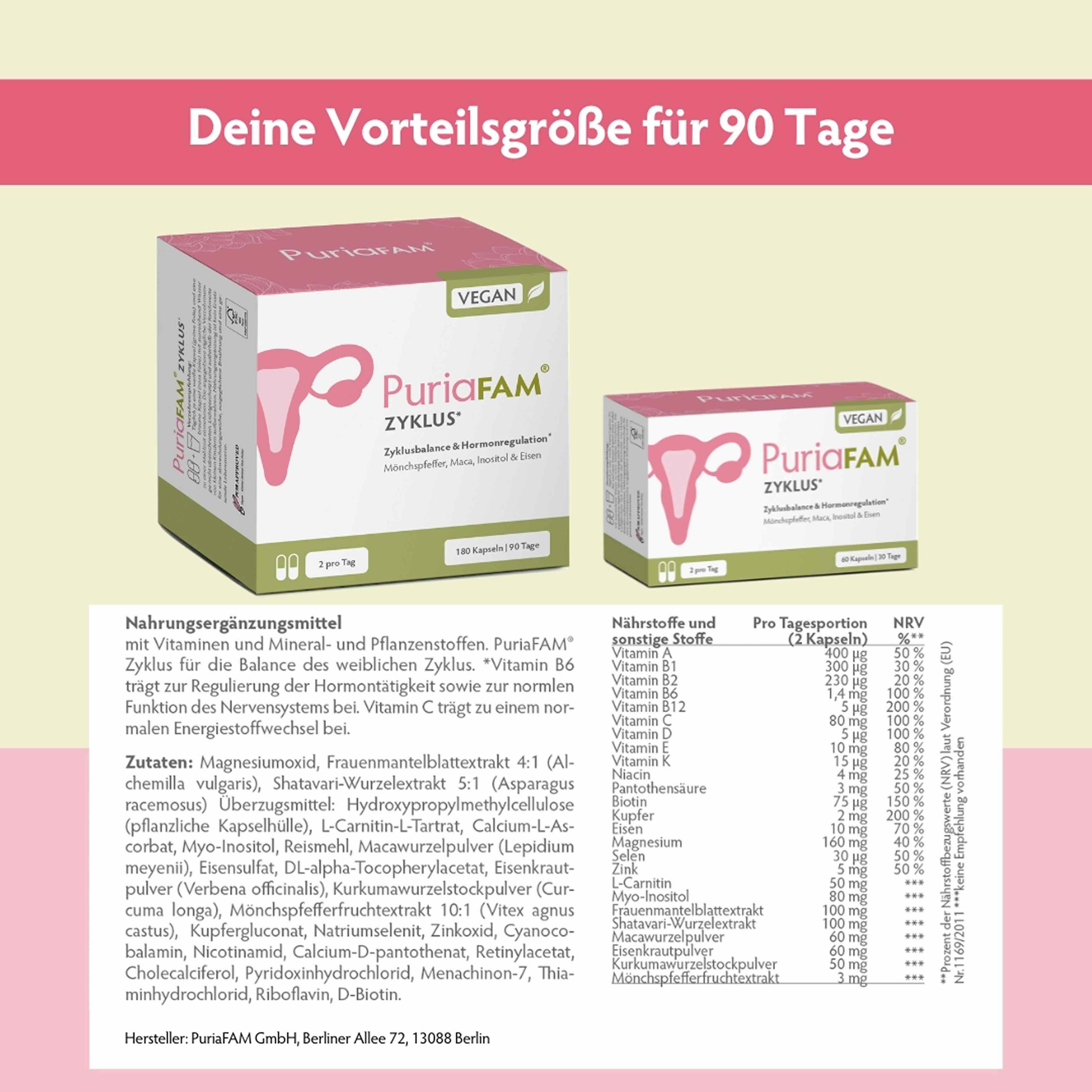 Zwei Packungen PuriaFAM Zyklus. Text: Deine Vorteilgröße für 90 Tage. Inhaltsstoffe und Nährwerttabelle.