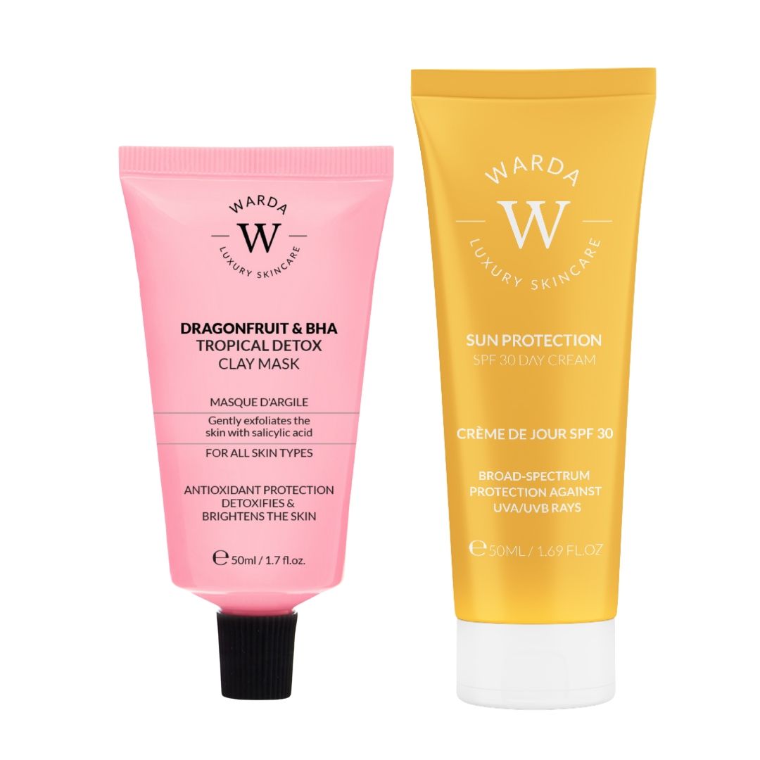 Zwei Tuben: rosa und gelb. Aufdruck: Warda Luxury Skincare, Dragonfruit & BHA Clay Maske, LSF 30 Tagescreme.