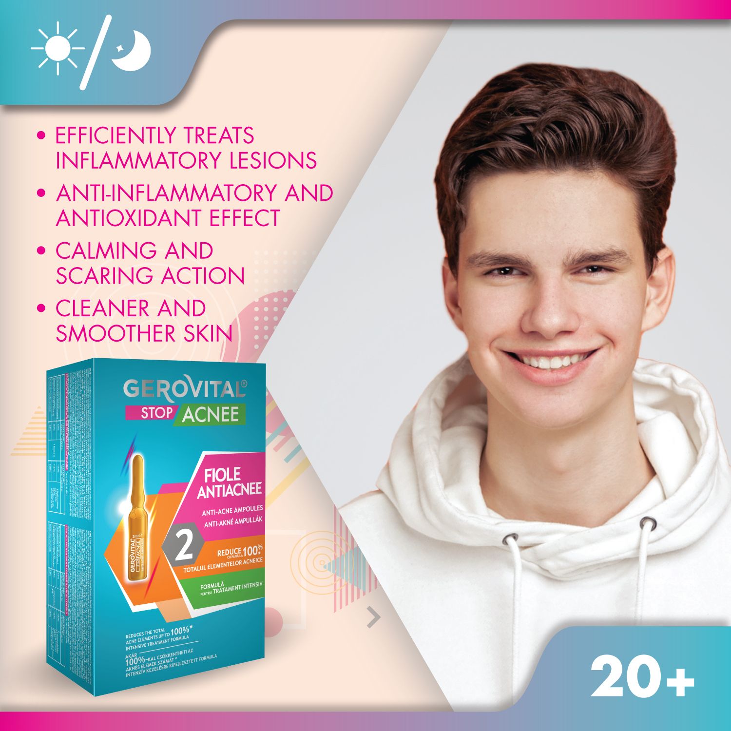 Ein Mann lächelt. Neben ihm eine Produktverpackung mit "Gerovital Stop Acne".