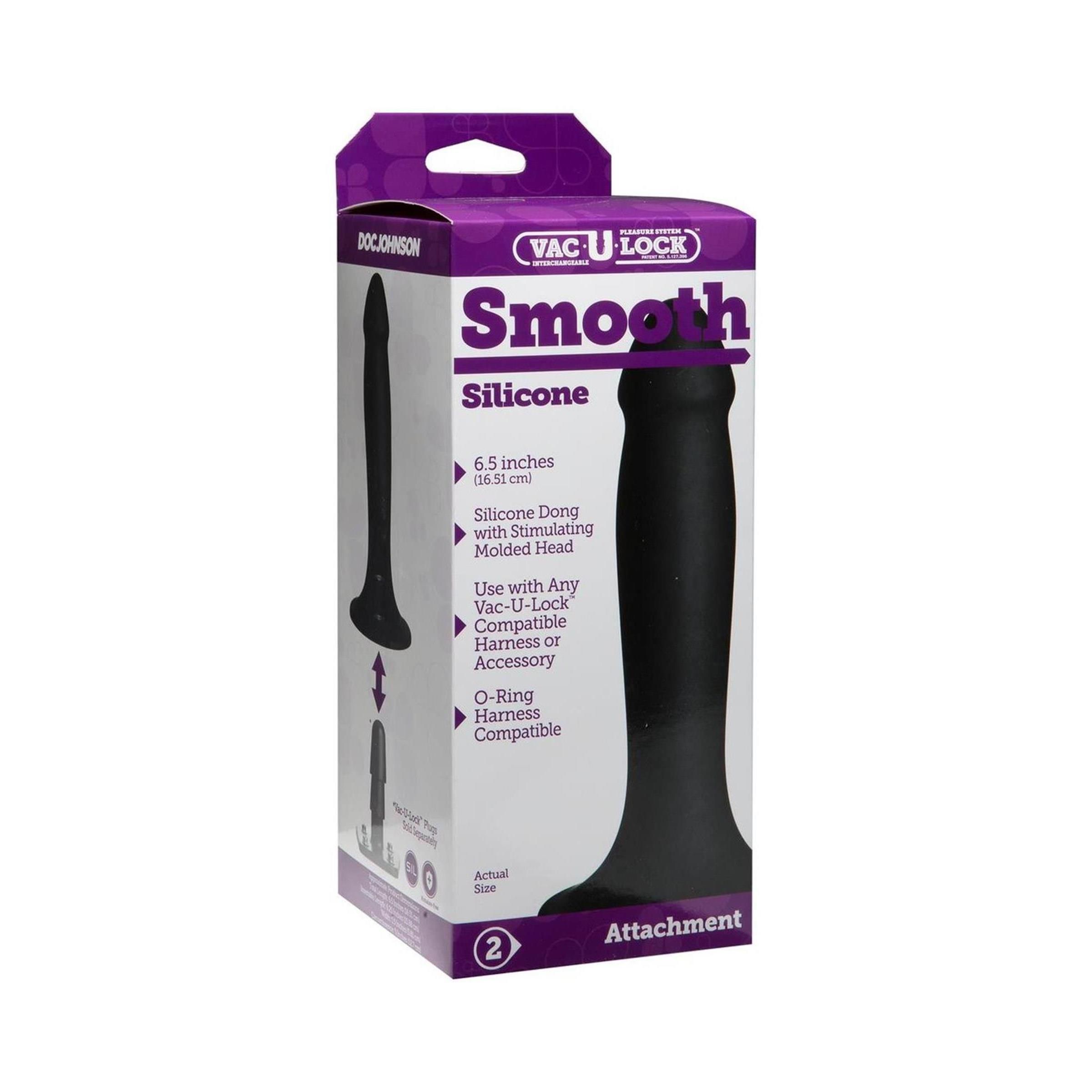 Schwarzer Silikon-Dildo in Verpackung. Aufschrift "Smooth Silicone". 6,5 Zoll. Kompatibel mit Vac-U-Lock-System. Mit Zubehör.
