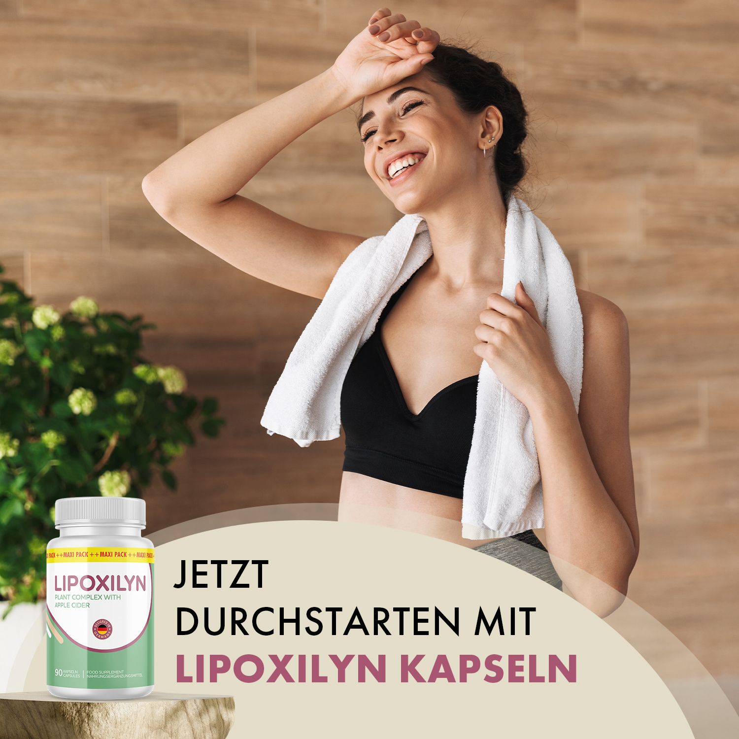 Frau mit Hand auf der Stirn, lächelt. Daneben steht eine weiße Flasche mit grüner und weißer Beschriftung: LIPOXILYN, 90 Kapseln.