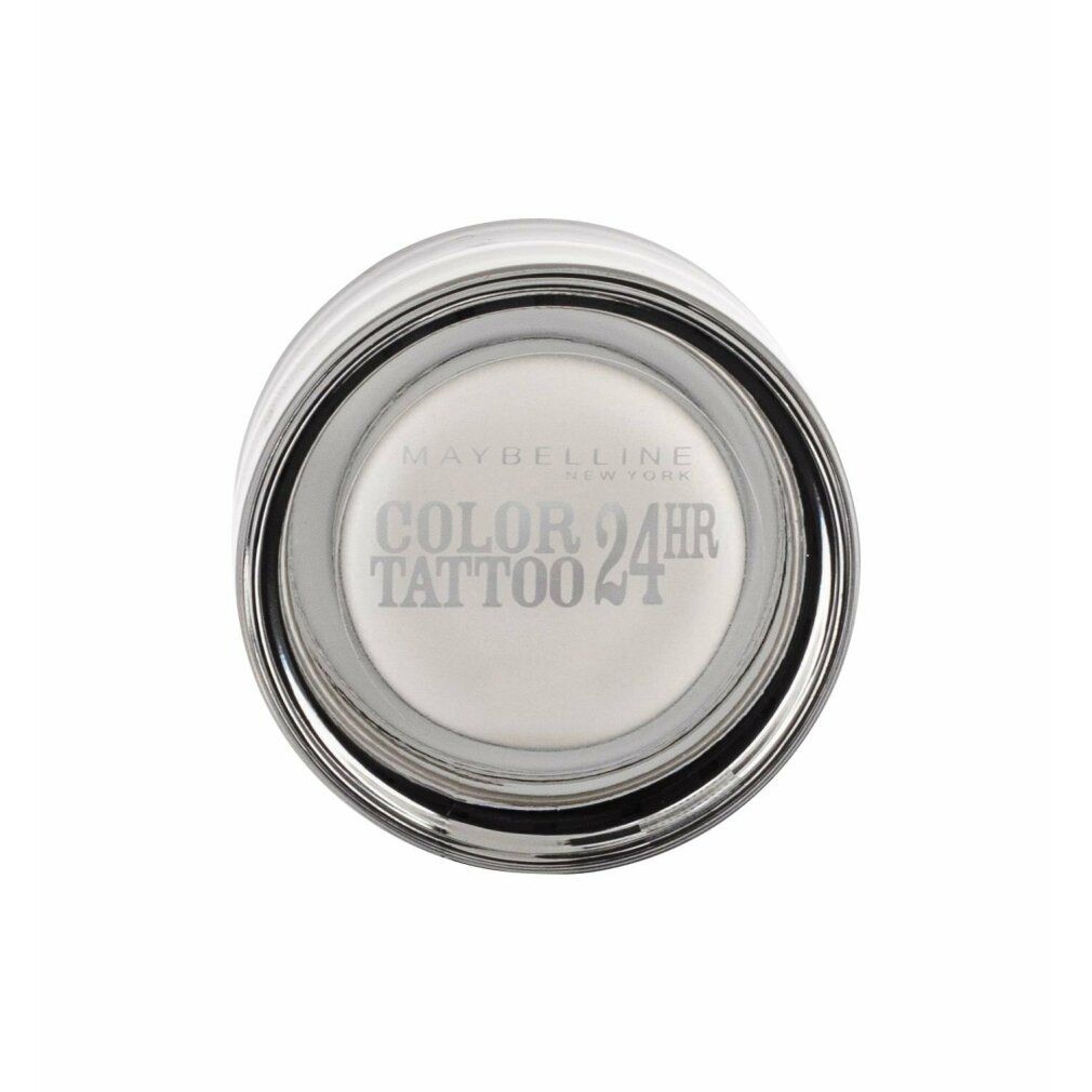 Maybelline New York Color Tattoo 24h Lidschatten in Dose. Weißer Lidschatten mit silberner Schrift. Deckel mit Produktinformationen.