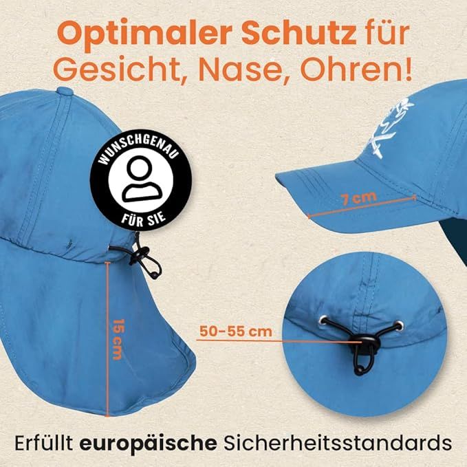 Blauer iQ-UV Cap mit Nackenschutz. Maße: 7 cm Schirm, 15 cm Nackenschutz, 50-55 cm Kopfumfang.