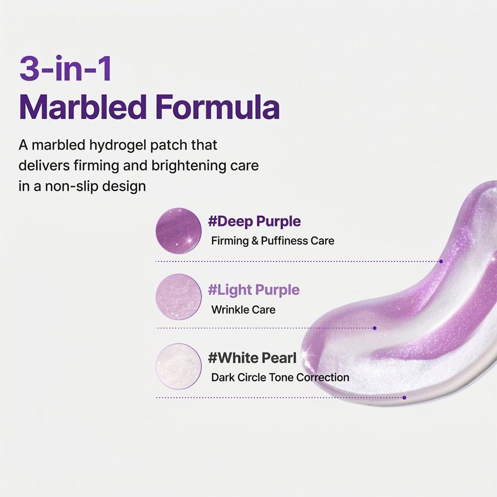 3-in-1 Marmorierte Formel: Lila Hydrogel-Augenpads mit Beschreibungen für Festigkeit, Fältchen und dunkle Augenringe.