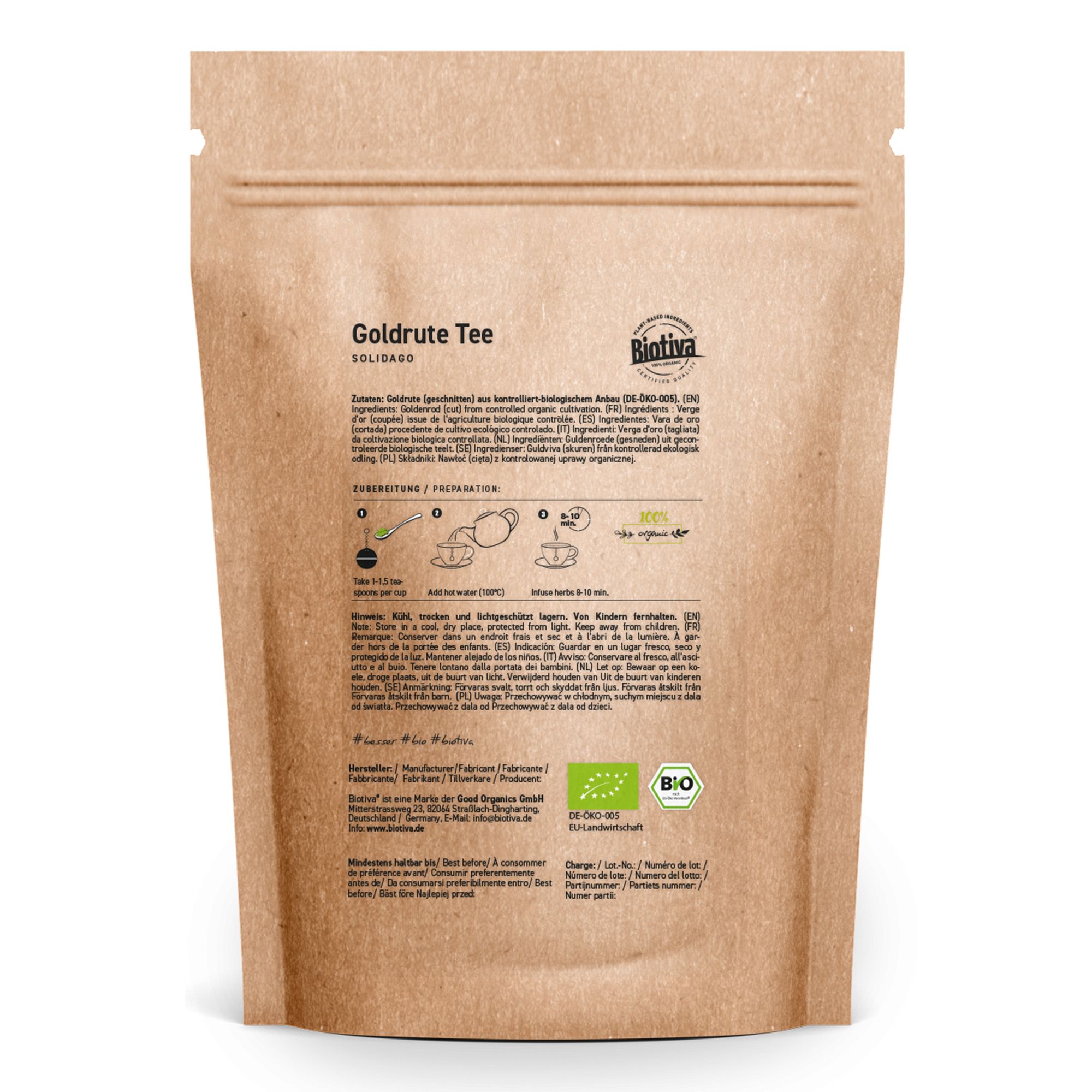 Braune Papiertüte mit Aufdruck. Text: Goldrute Tee, Biotiva, Bio-Siegel, Zubereitungshinweise.