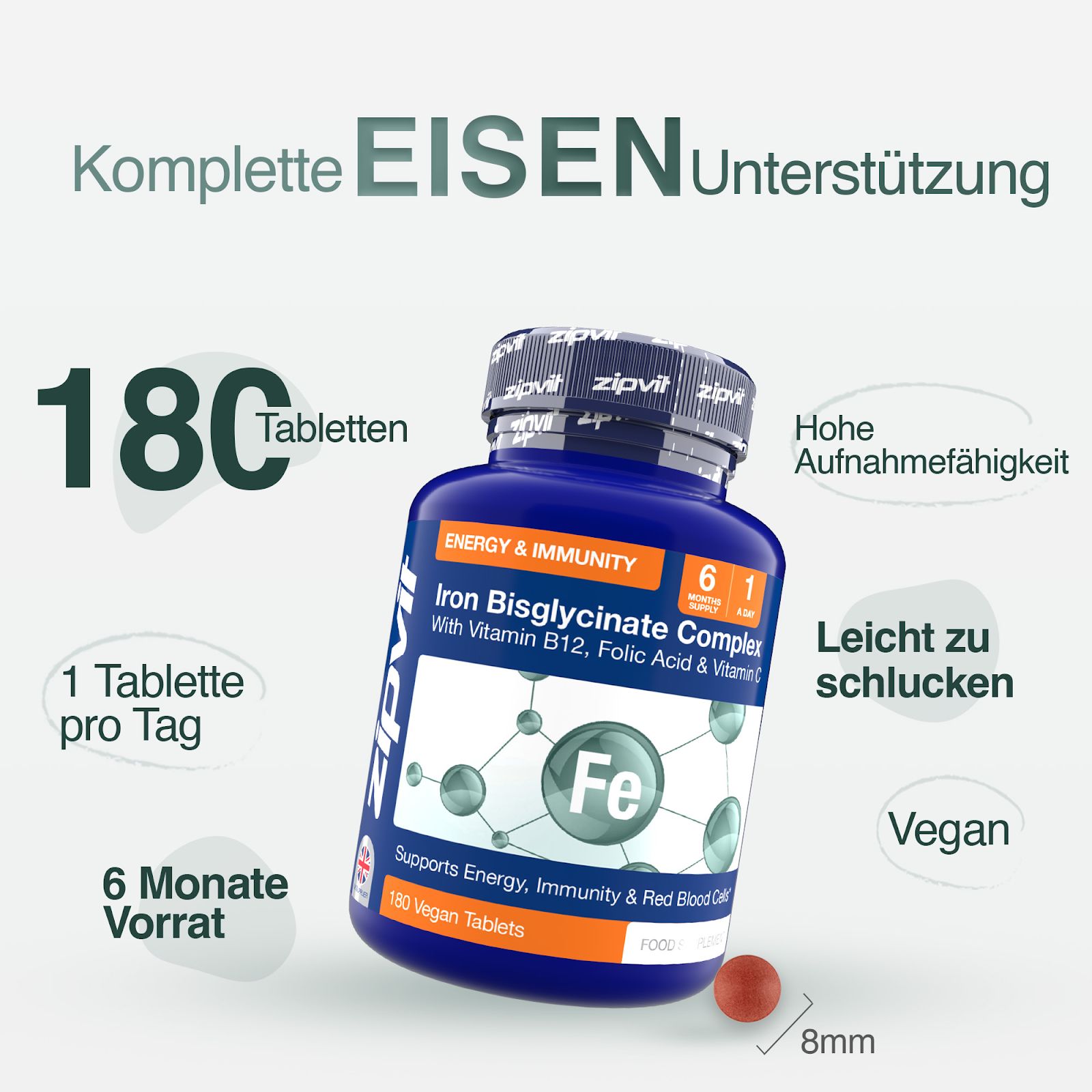 Zipvit Eisen Bisglycinat High Strength - mit Vitamin C, B12 & Folsäure - Vegan