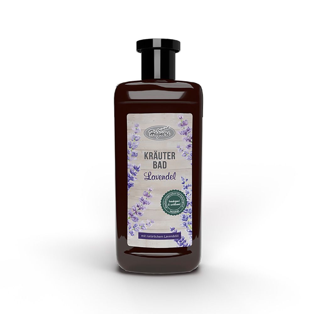 Braune Flasche mit schwarzem Verschluss. Aufkleber mit Produktbezeichnung: Kräuter Bad Lavendel. Siegel mit Qualitätsmerkmal.