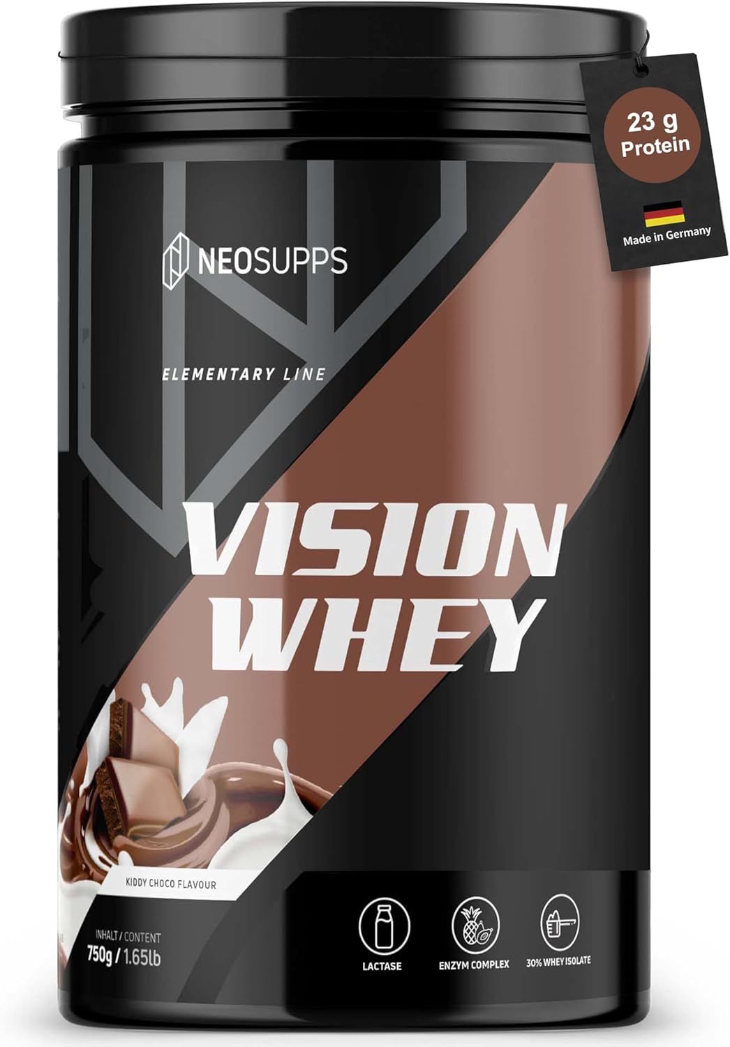 Dose Vision Whey, Kiddy Choco. Aufschrift: 23 g Protein, Made in Germany. Braune Dose mit schwarzem Deckel. Text: Kiddy Choco Flavor.