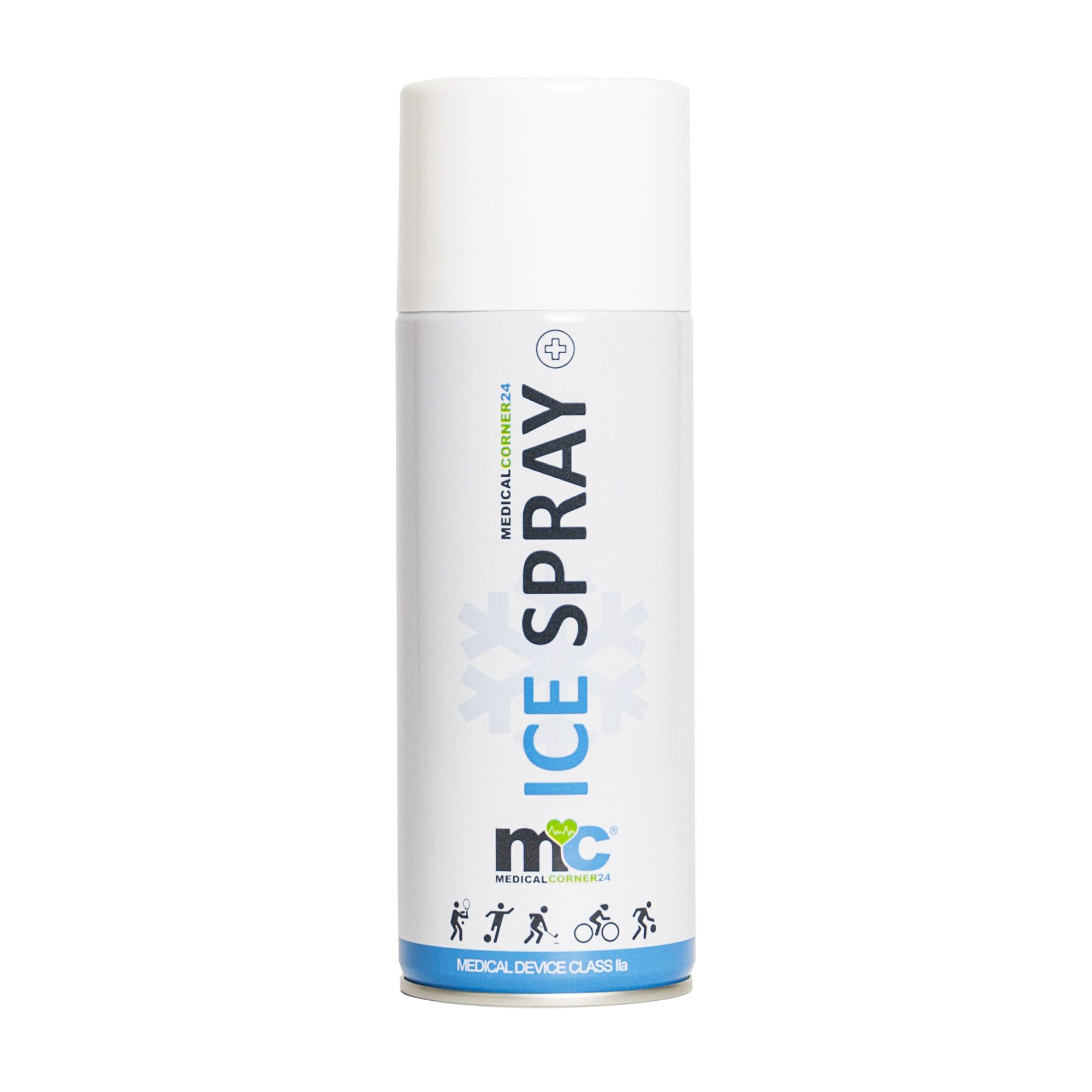 Kältespray-Dose mit weißem Deckel. Aufschrift: ICE SPRAY, MEDICALCORNER24, Piktogramme. Medizinprodukt.