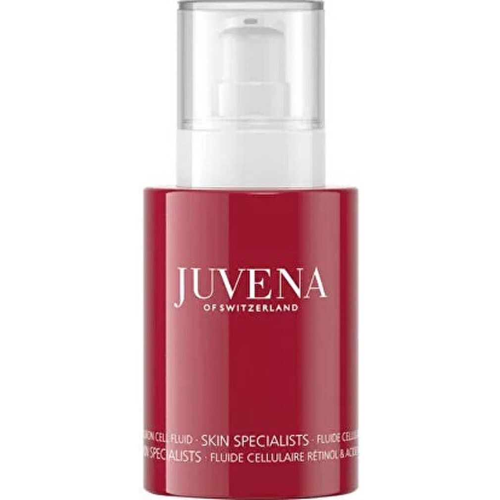 Rote Flasche mit weißem Deckel. Aufschrift: JUVENA OF SWITZERLAND. Text: SKIN SPECIALISTS, Retinol & Hyaluron Cell Fluid.