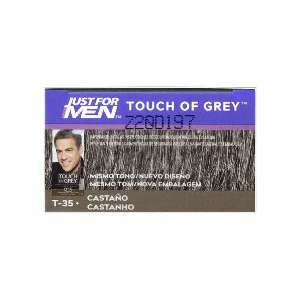 Schachtel "JUST FOR MEN TOUCH OF GREY". Produktabbildung mit Text und einem Bild eines Mannes mit grauem Haar.