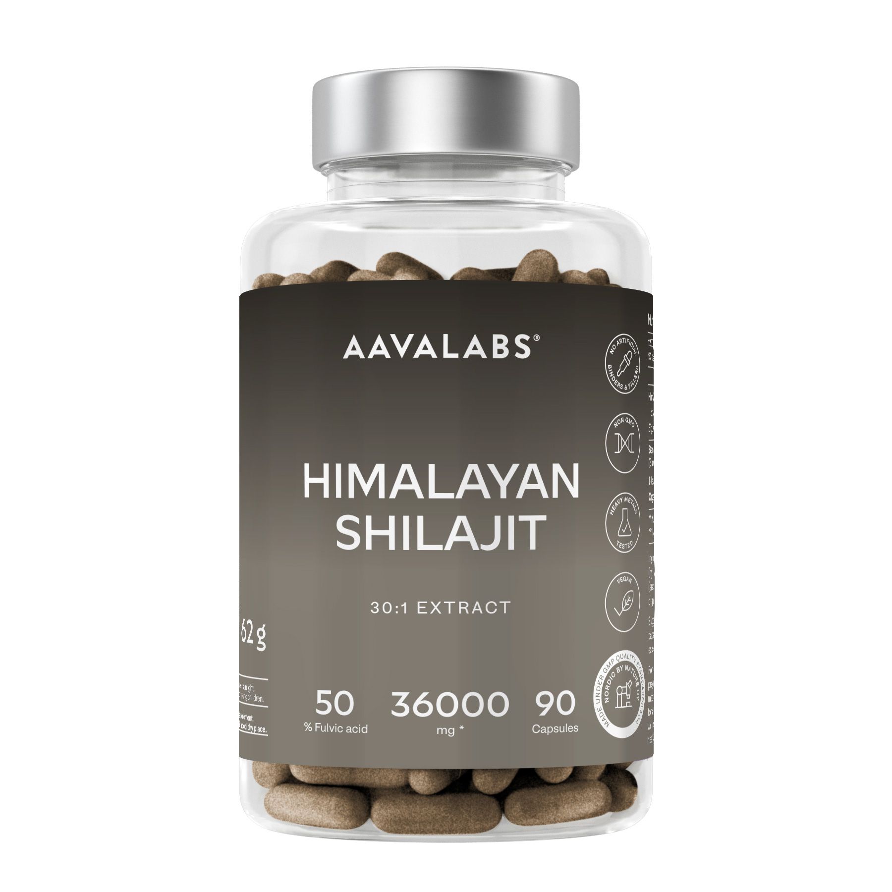 Transparente Flasche mit braunen Kapseln. Etikett mit Aufschrift: Himalaya Shilajit, 30:1 Extrakt, AAVALABS.
