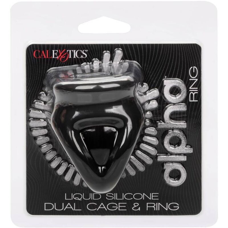 Verpackung mit schwarzem Cage-Ring. Produktname: Alpha Ring. Text: Liquid Silicone Dual Cage & Ring.