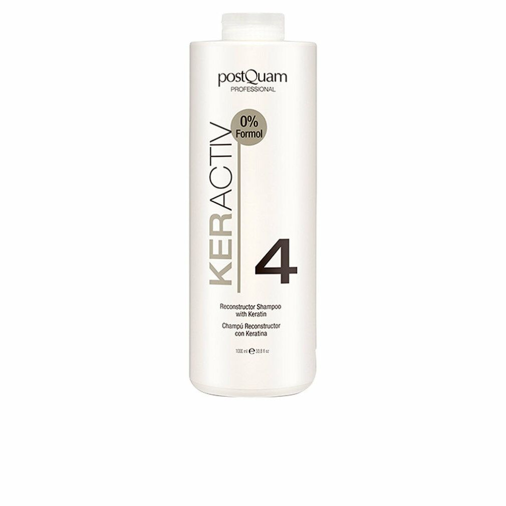 Weißes Shampoo mit Aufschrift KERACTIV, 4 und 0% Formol. Text: Reconstructor Shampoo with Keratin. Flasche.
