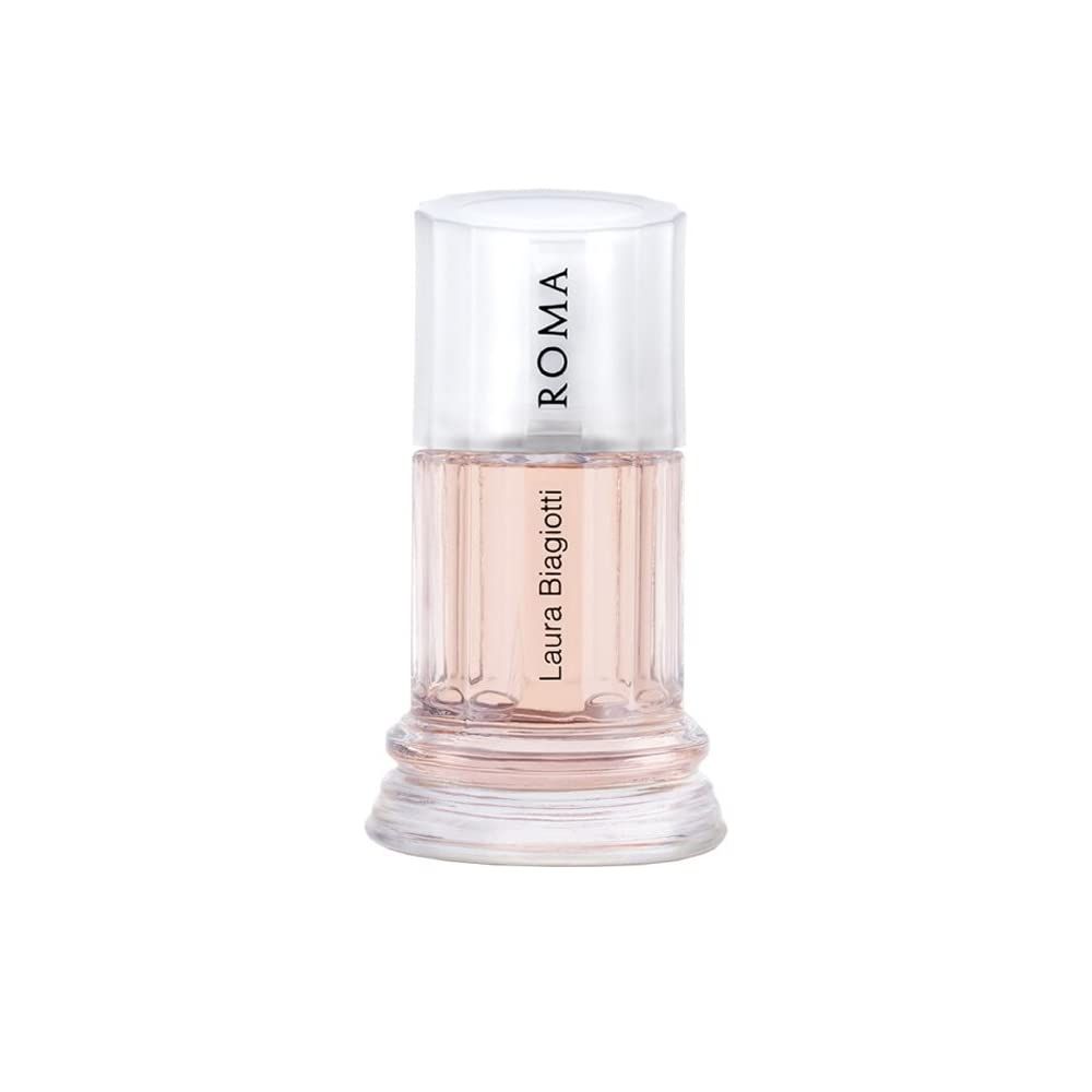 Parfümflakon mit transparentem Deckel. Rosa Flüssigkeit im Säulen-Design. Aufschrift "ROMA" und "Laura Biagiotti".