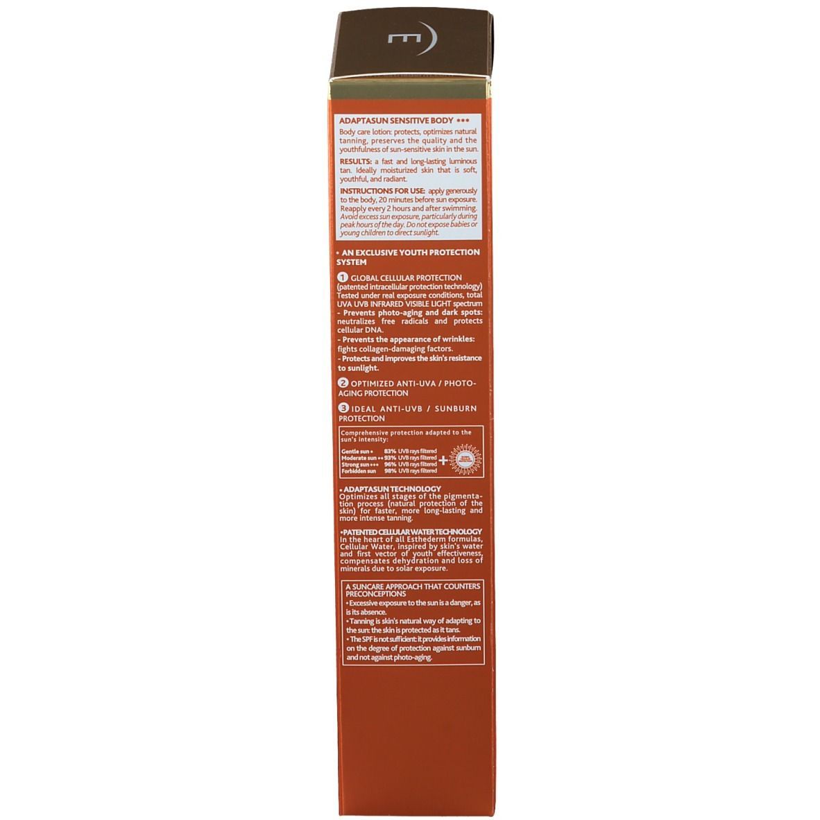 Côté d'une boîte orange. Texte: Adaptasun Sensitive, Résultats, Utilisation, Système de protection jeunesse exclusif, Global Cellular Protection.