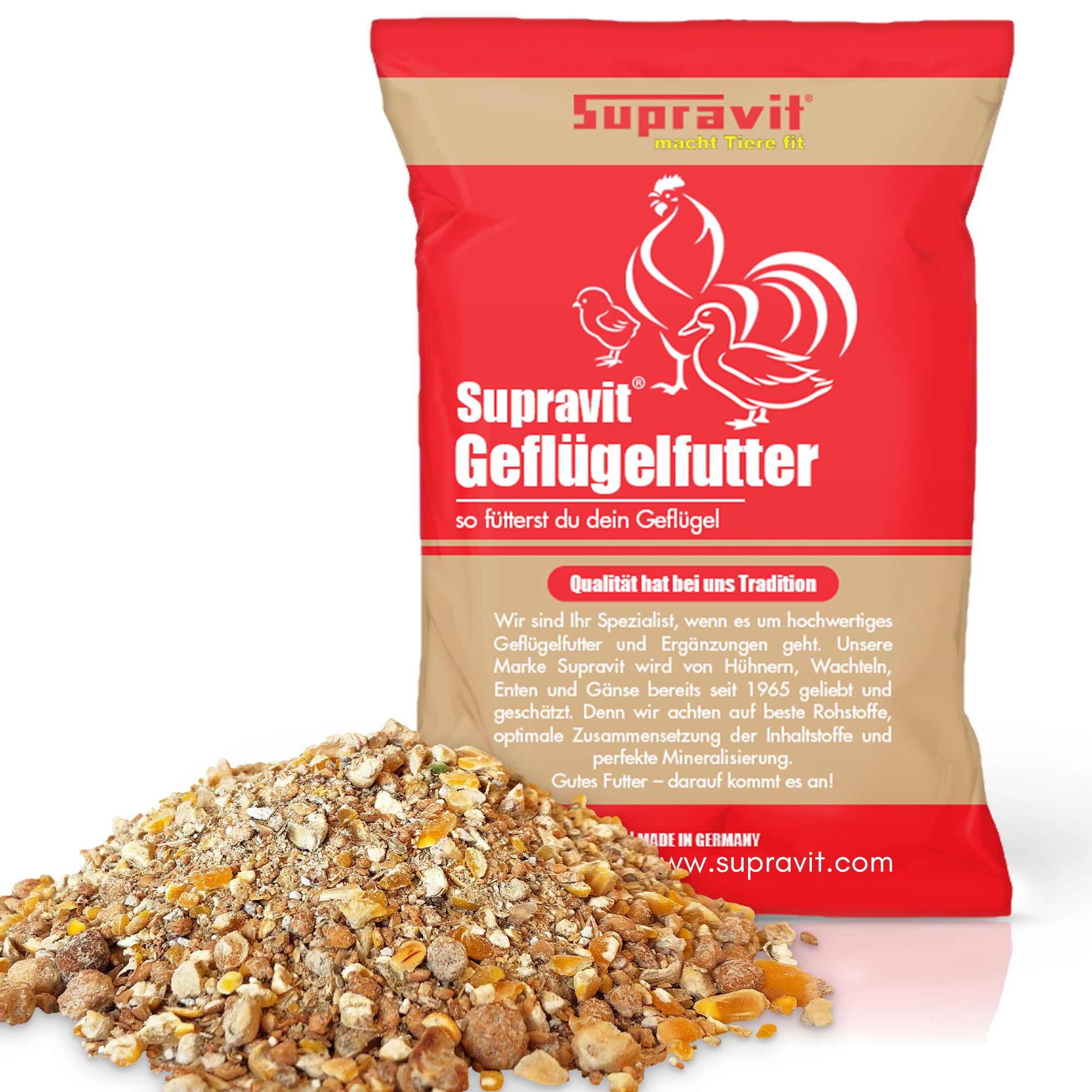Packung Geflügelfutter. Text: Supravit Geflügelfutter, so fütterst du dein Geflügel. Logo: Supravit.