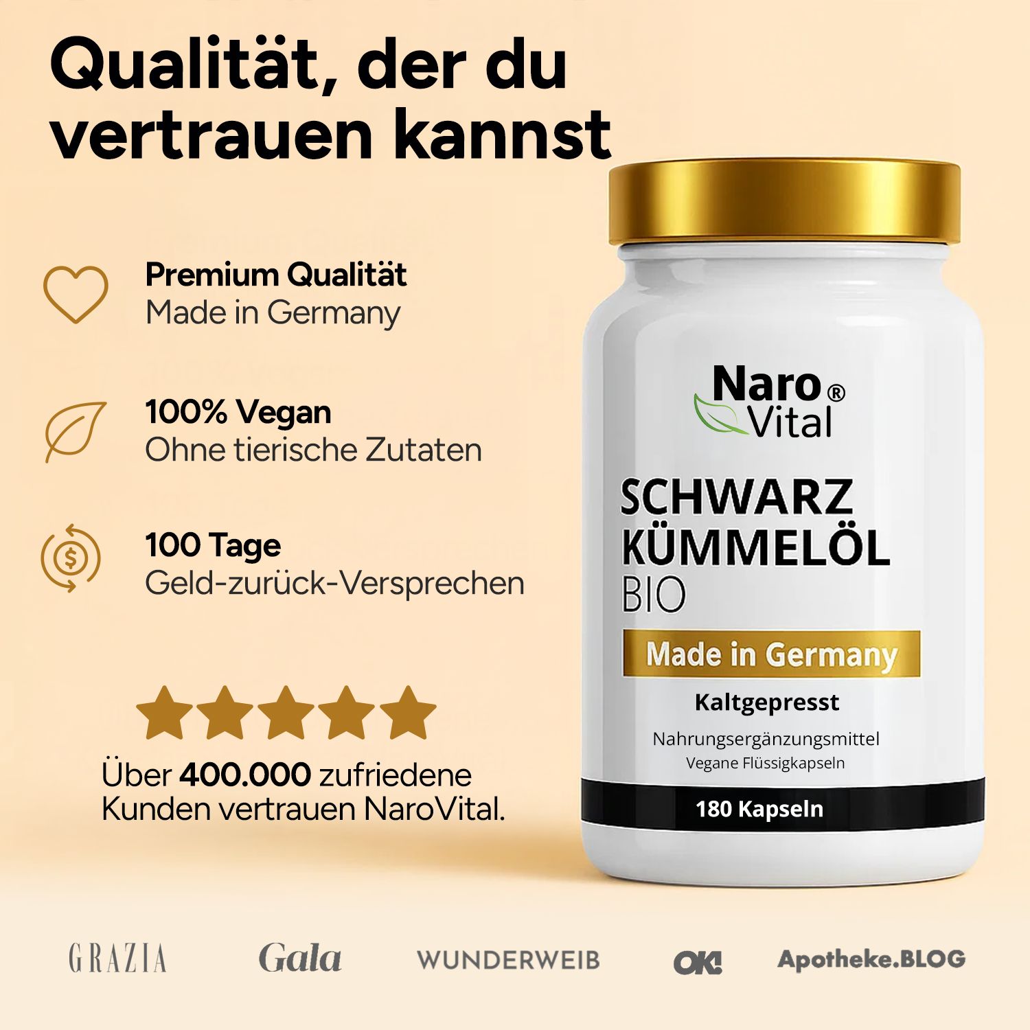 Flasche NAROVITAL® Bio Schwarzkümmelöl Kapseln, goldene Kappe, BIO-Siegel. 180 Kapseln. Premium Qualität.
