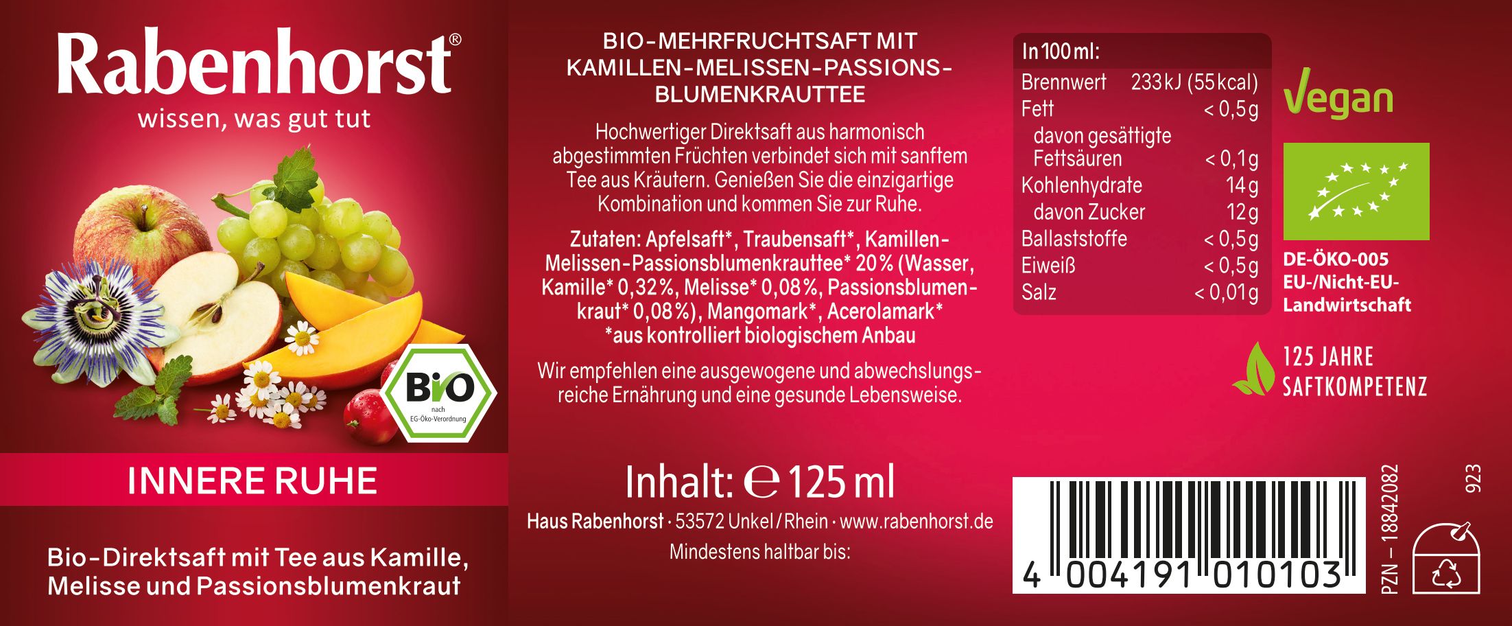 Etikett von Rabenhorst Innere Ruhe BIO Mini. Text, Zutaten, Nährwertangaben, Bio-Siegel, vegan.