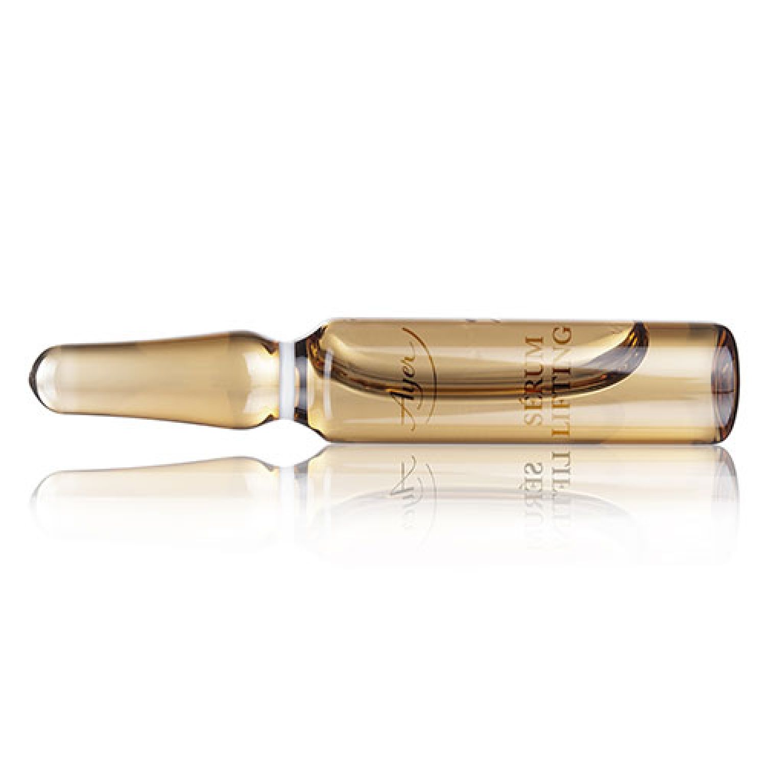 Einzelne Ampulle mit gelber Flüssigkeit. Aufdruck: Ayer Serum Lifting. Klare Glasform.