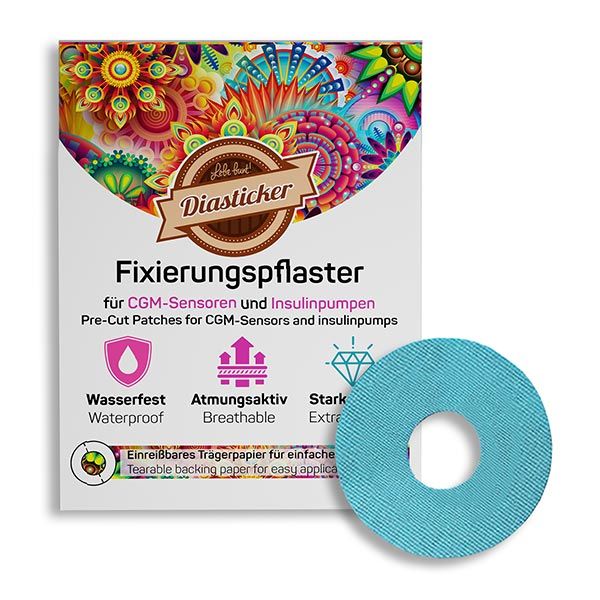 Hellblaues Fixierpflaster mit Loch, neben Verpackung mit Produktnamen Diasticker und Produktinformationen.
