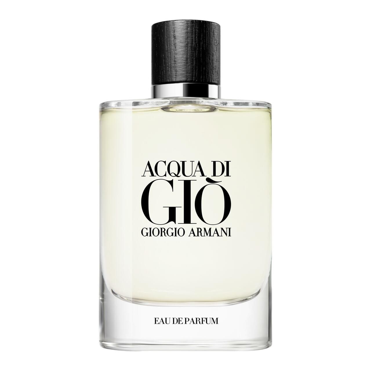 Glasflakon mit schwarzem Verschluss. Aufschrift: Acqua di Giò, Eau de Parfum, Giorgio Armani. Klarer Hintergrund.