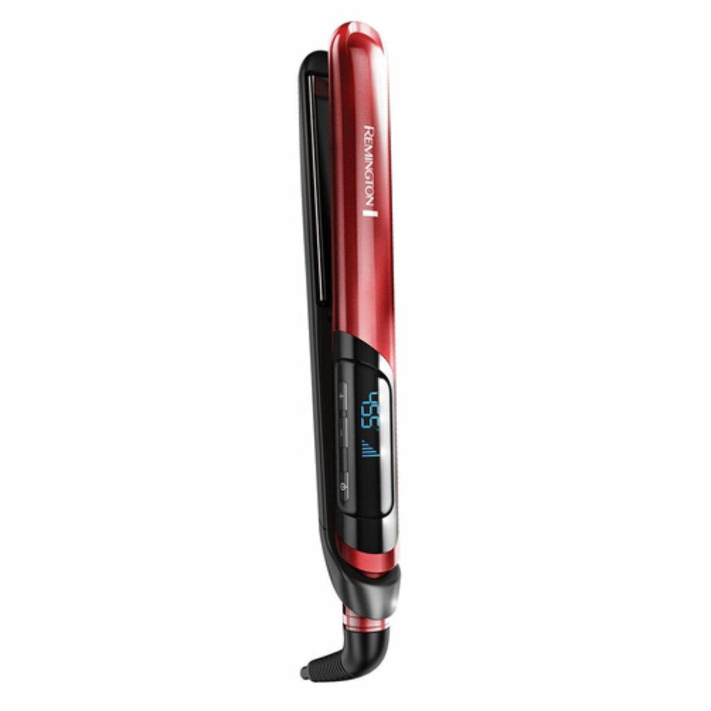 Rotes Glätteisen mit schwarzer Platte und digitaler Temperaturanzeige. Marke Remington.