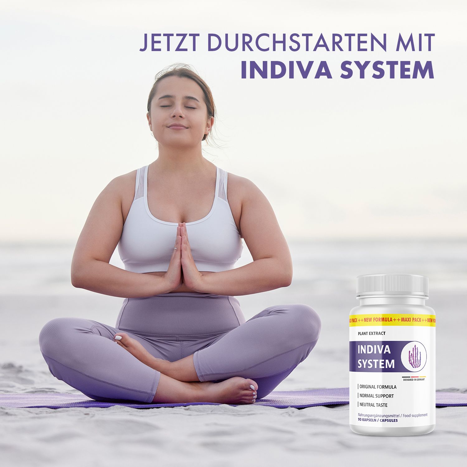 Frau sitzt auf Matte am Strand, Hände gefaltet. Flasche Indiva System daneben. Text: Jetzt durchstarten mit Indiva System.