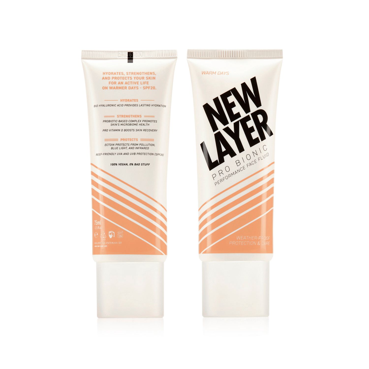 Gesichtsfluid-Tube, Vorder- und Rückseite. Weiß, orangefarbene Streifen und schwarzer Schriftzug: NEW LAYER Pro Bionic Performance Face Fluid.