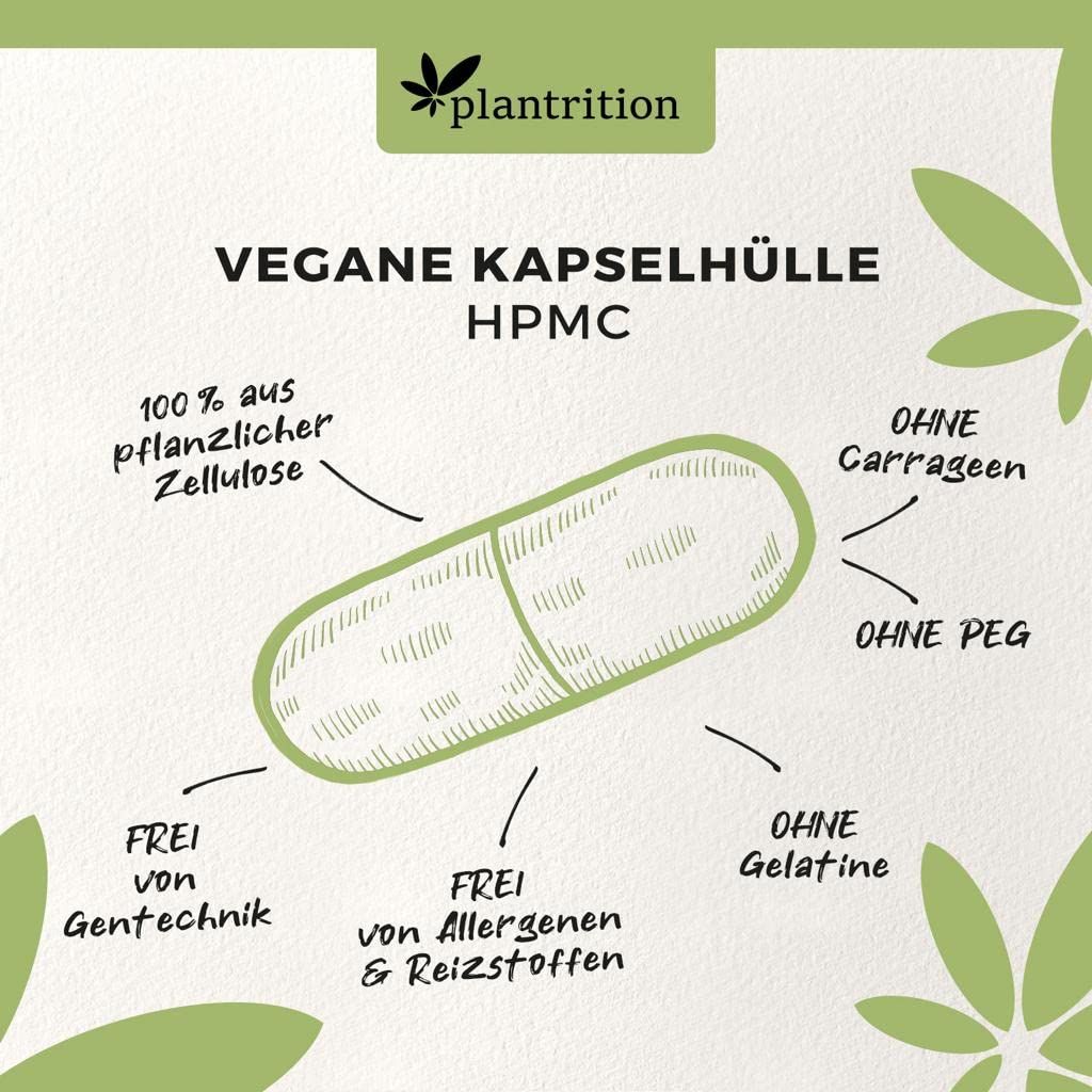 Zeichnung einer Kapsel mit Pfeilen. Text: Vegane Kapselhülle, HPMC, ohne Carrageen, ohne PEG, ohne Gelatine.