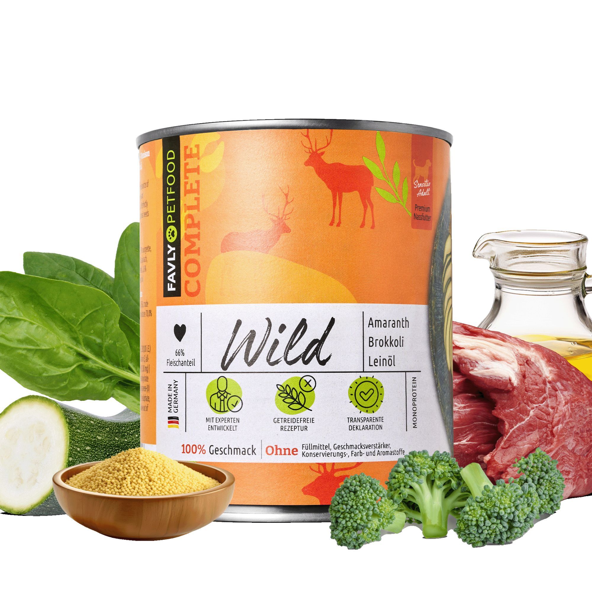 Dose "Wild" mit Amaranth, Brokkoli & Leinöl. Orangefarbenes Etikett. Zutaten: Gemüse, Öl, Fleisch. Text: "Favly Petfood Complete".
